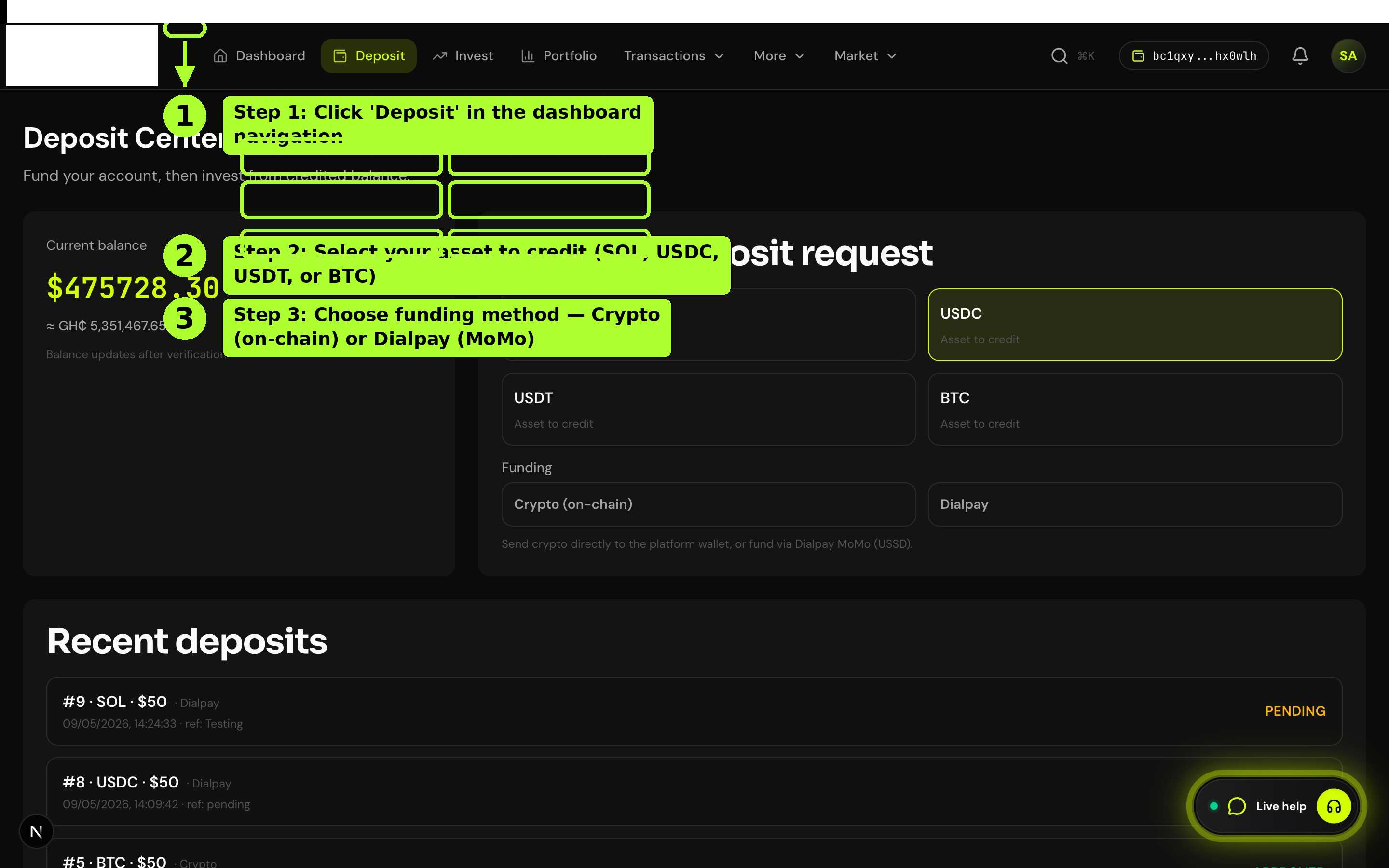 Deposit overview — balance, asset choice, and funding options