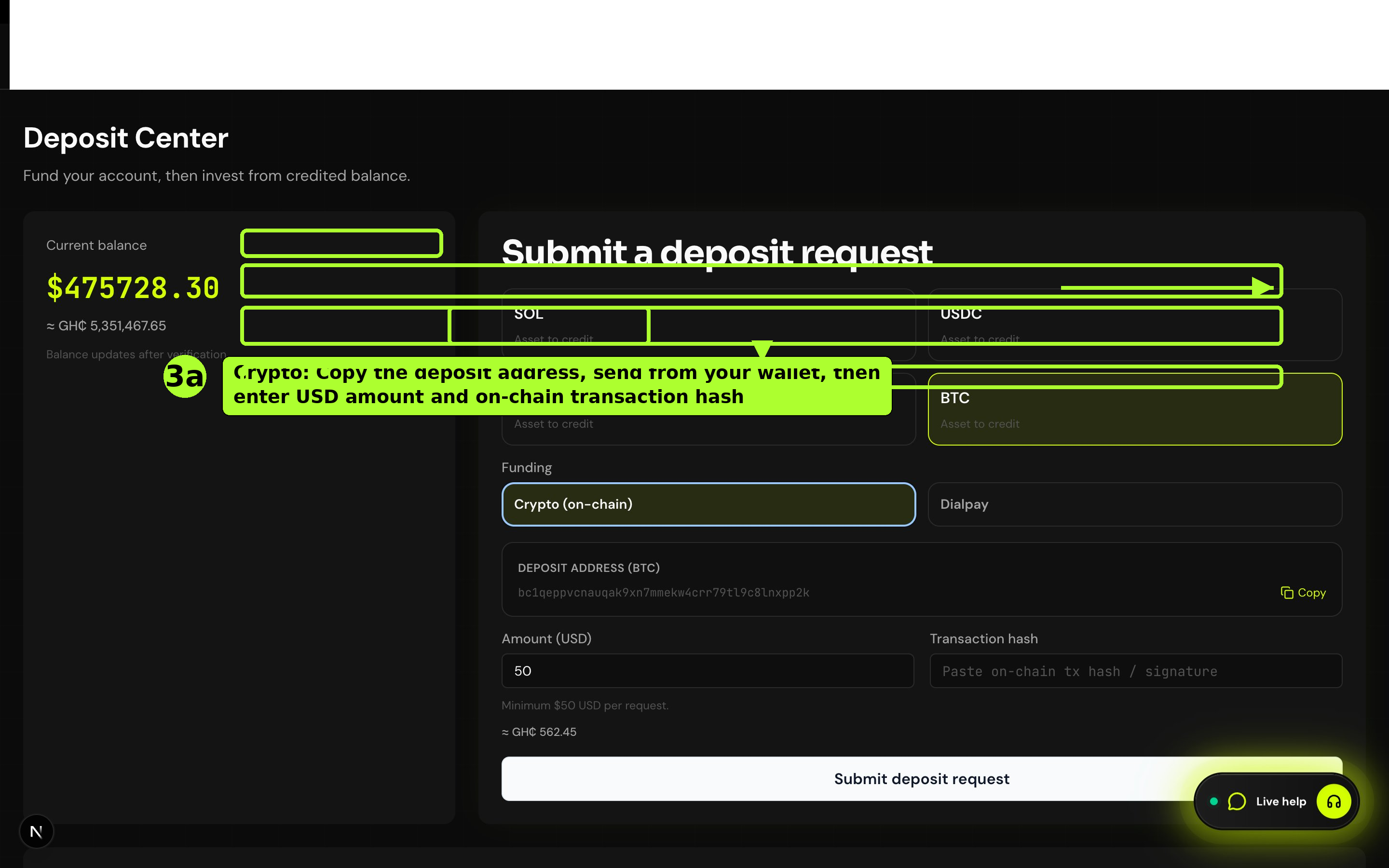 Deposit — Crypto path with address, amount, and hash