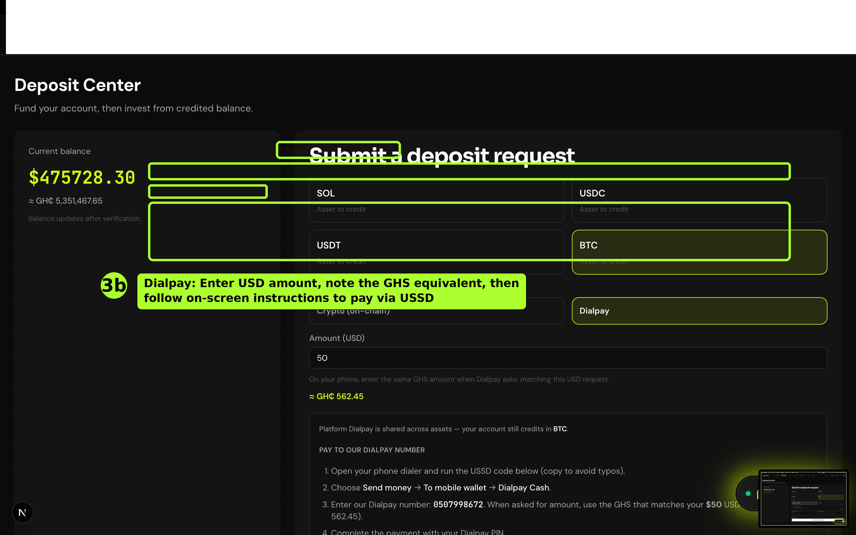 Deposit — Dialpay amount and instructions start