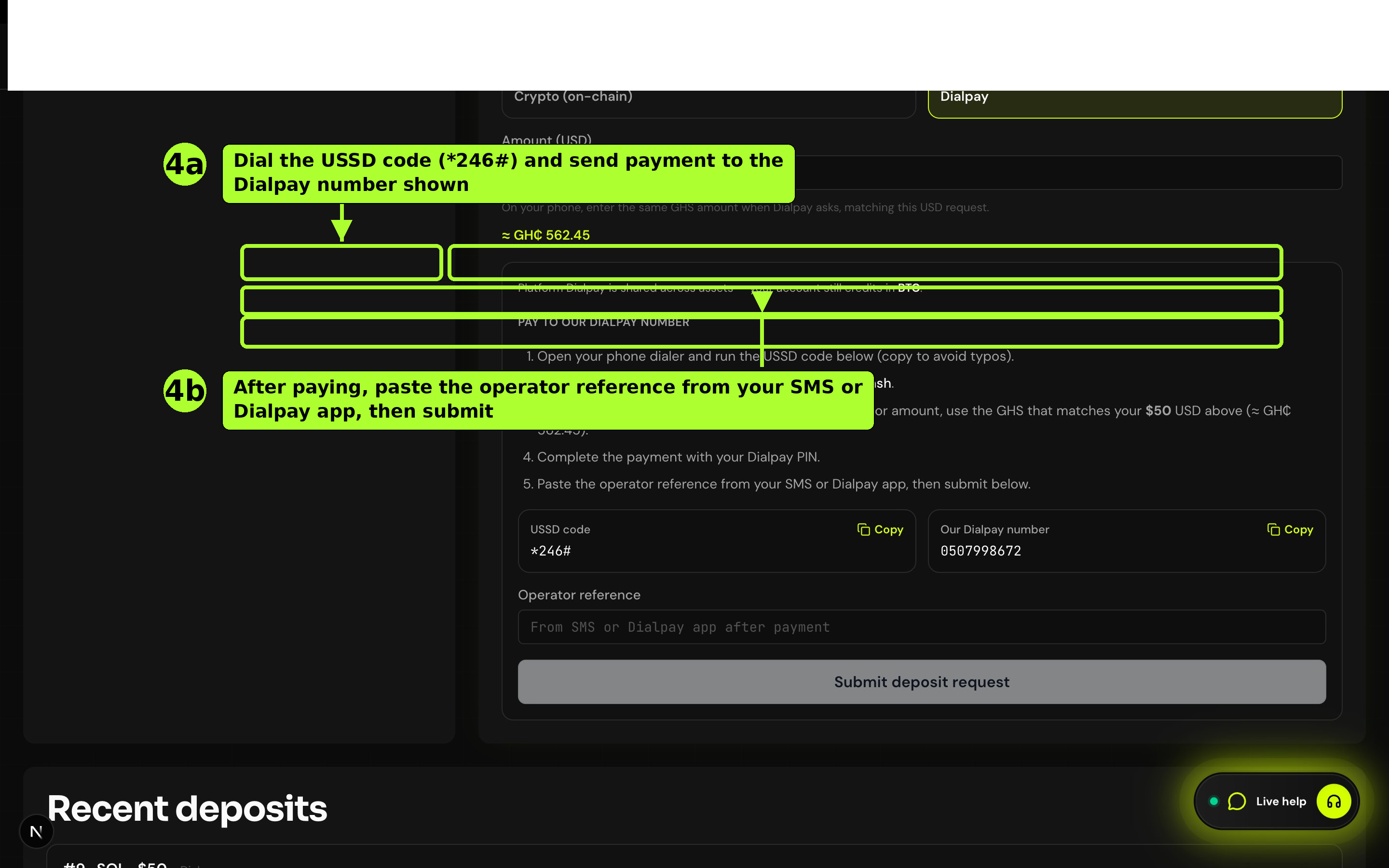 Deposit — Dialpay USSD, platform number, operator reference, submit