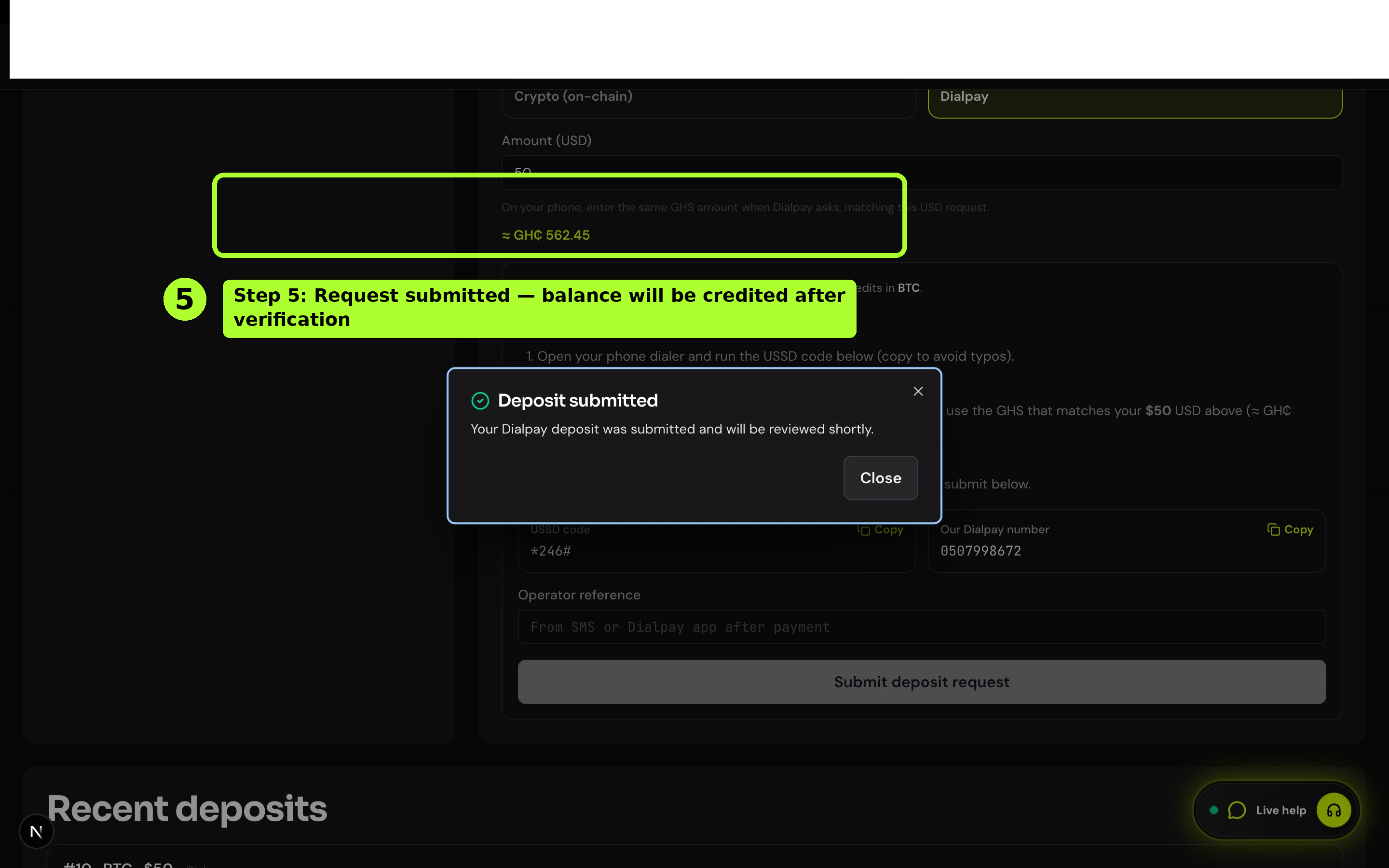 Deposit — Recent deposits list with pending status