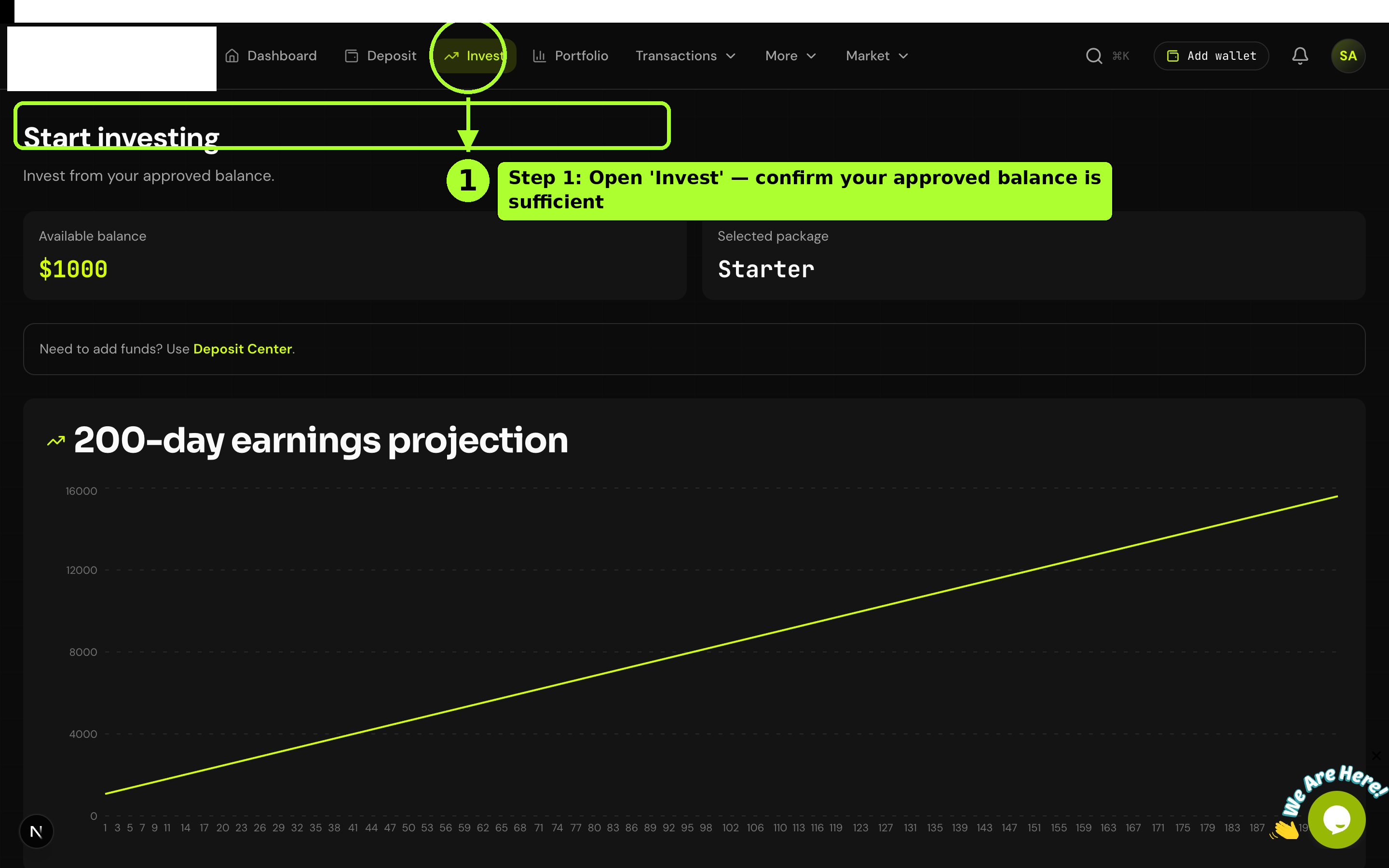 Invest page or dashboard navigation to Invest — step 1