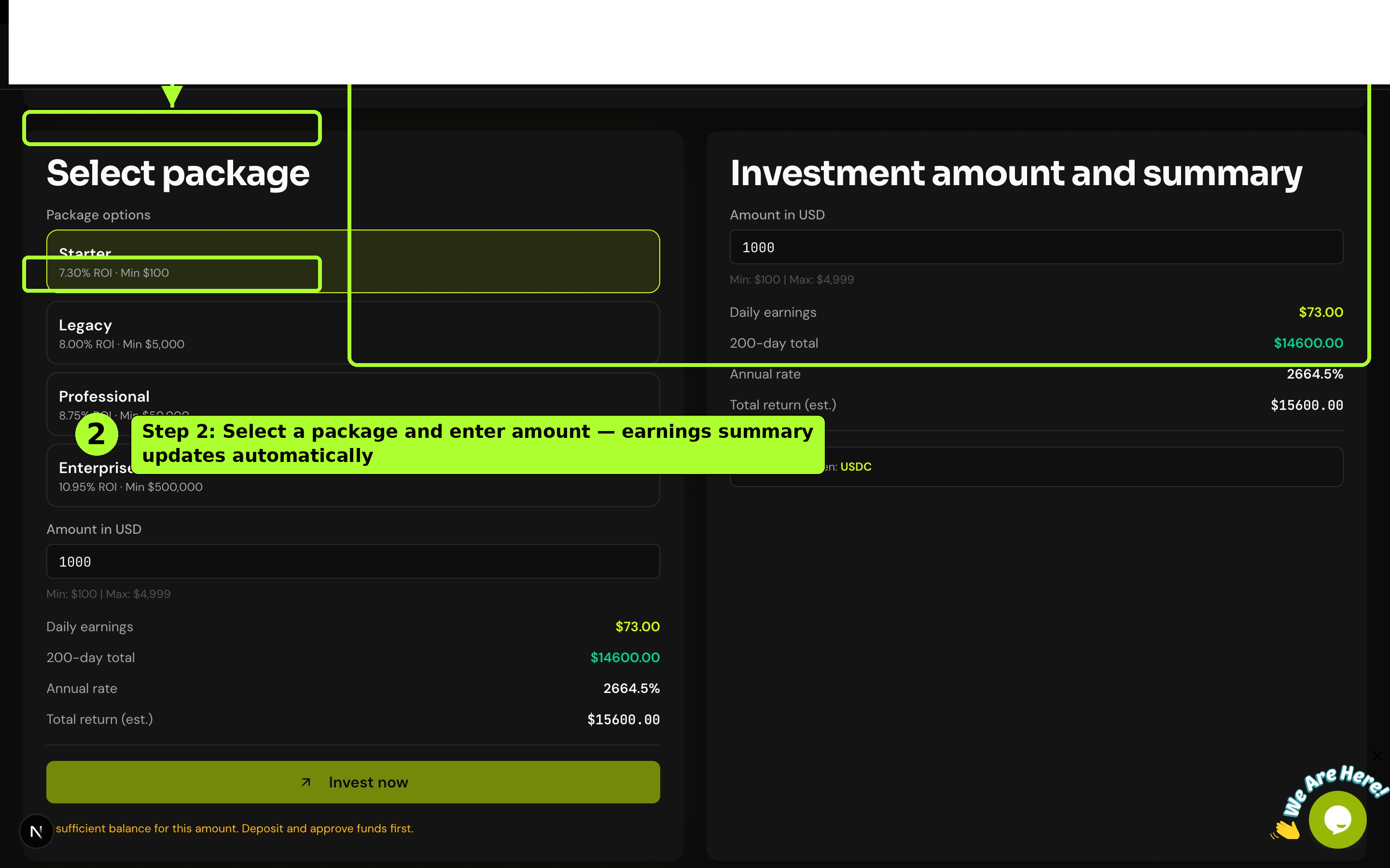 Investment amount and assigned package tier — step 2