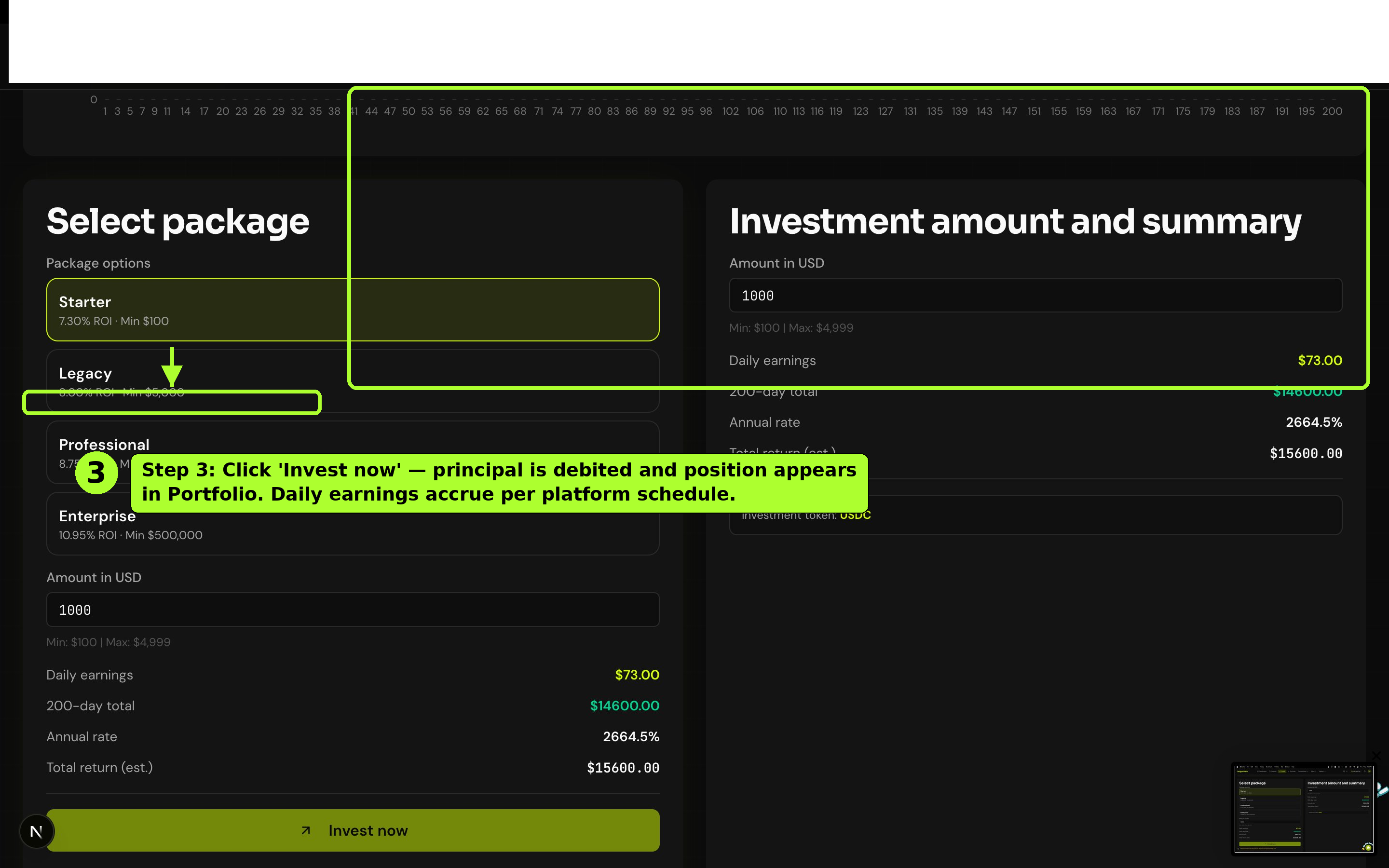 Confirm investment dialog or success state — step 3