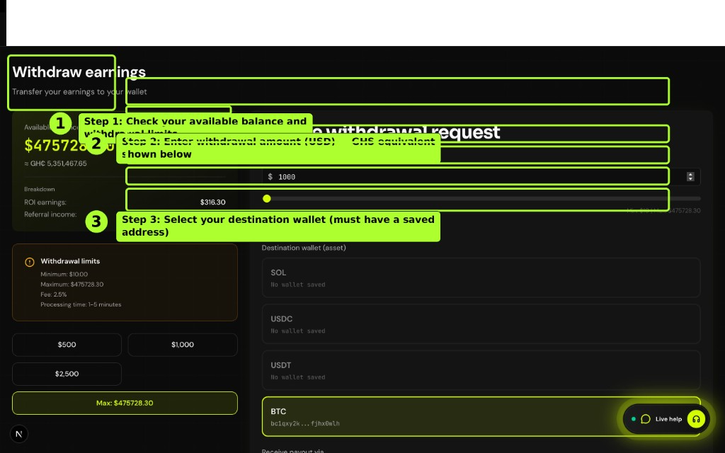 Withdraw — balance, amount, destination wallet selection