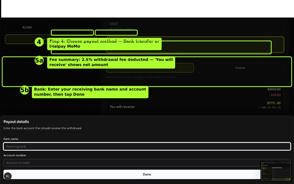 Withdraw — Bank payout details drawer