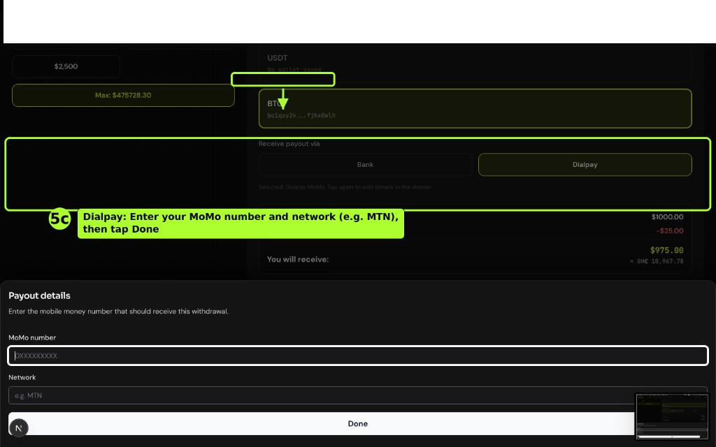 Withdraw — Dialpay MoMo payout details drawer