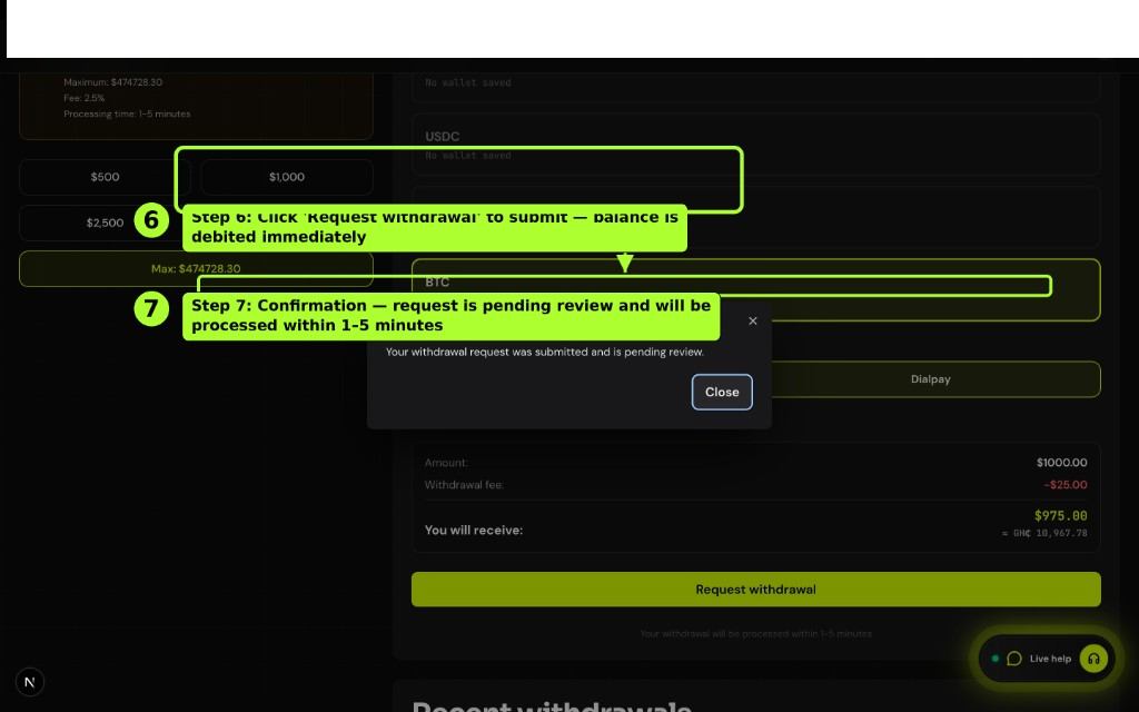 Withdraw — confirmation and recent activity